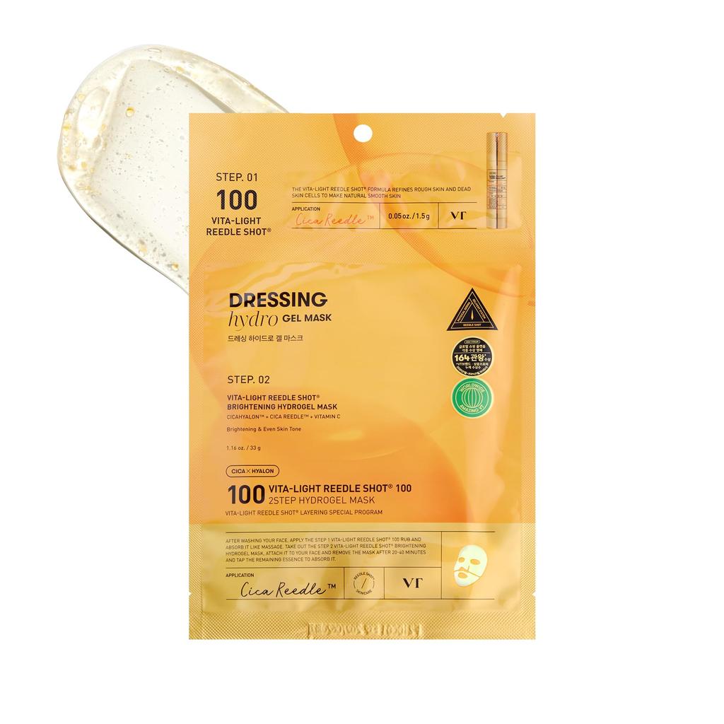 VT Cosmetics Vita Reedle Shot 100 2-Step Hydrogel Mask - Korean Brightening Skincare Mask with Micro-Spicule Essence for Radiance Care, Dull Skin S