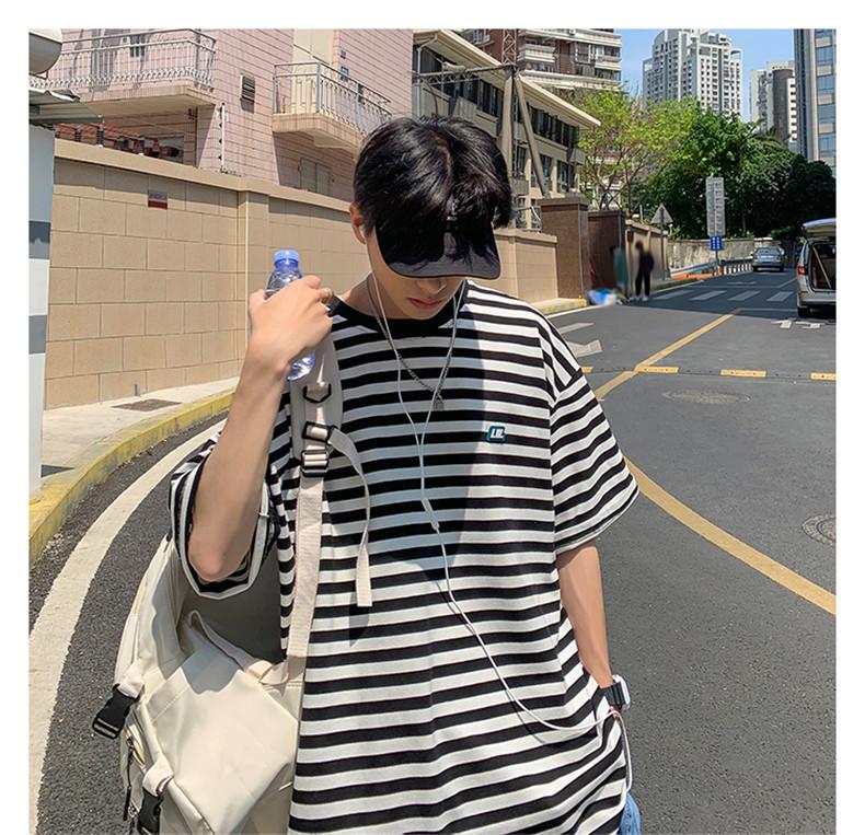 Men's Striped High Street Loose Fit T-Shirt - Trendy Summer Hong Kong Style for Couples and Students