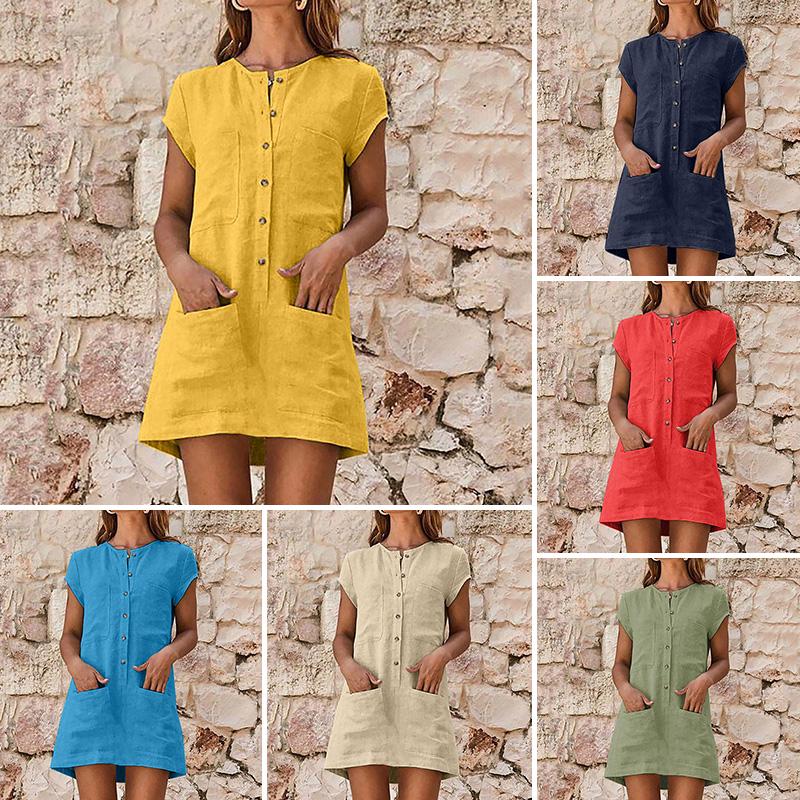 Buy Women Dresses Casual Loose O Neck Cotton Linen Mini Dress Pocket