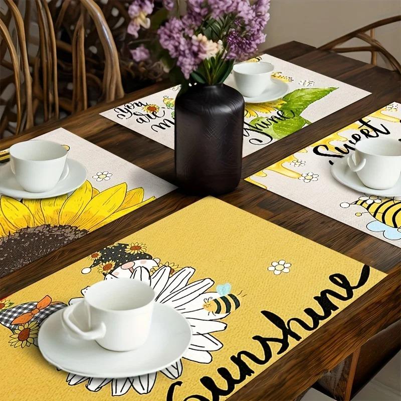 4/6/8pcs Spring Sunflower Floral Pattern Placemats Printed Festive Placemats Home Dining Table Mats Sets Design Kitchen Decor