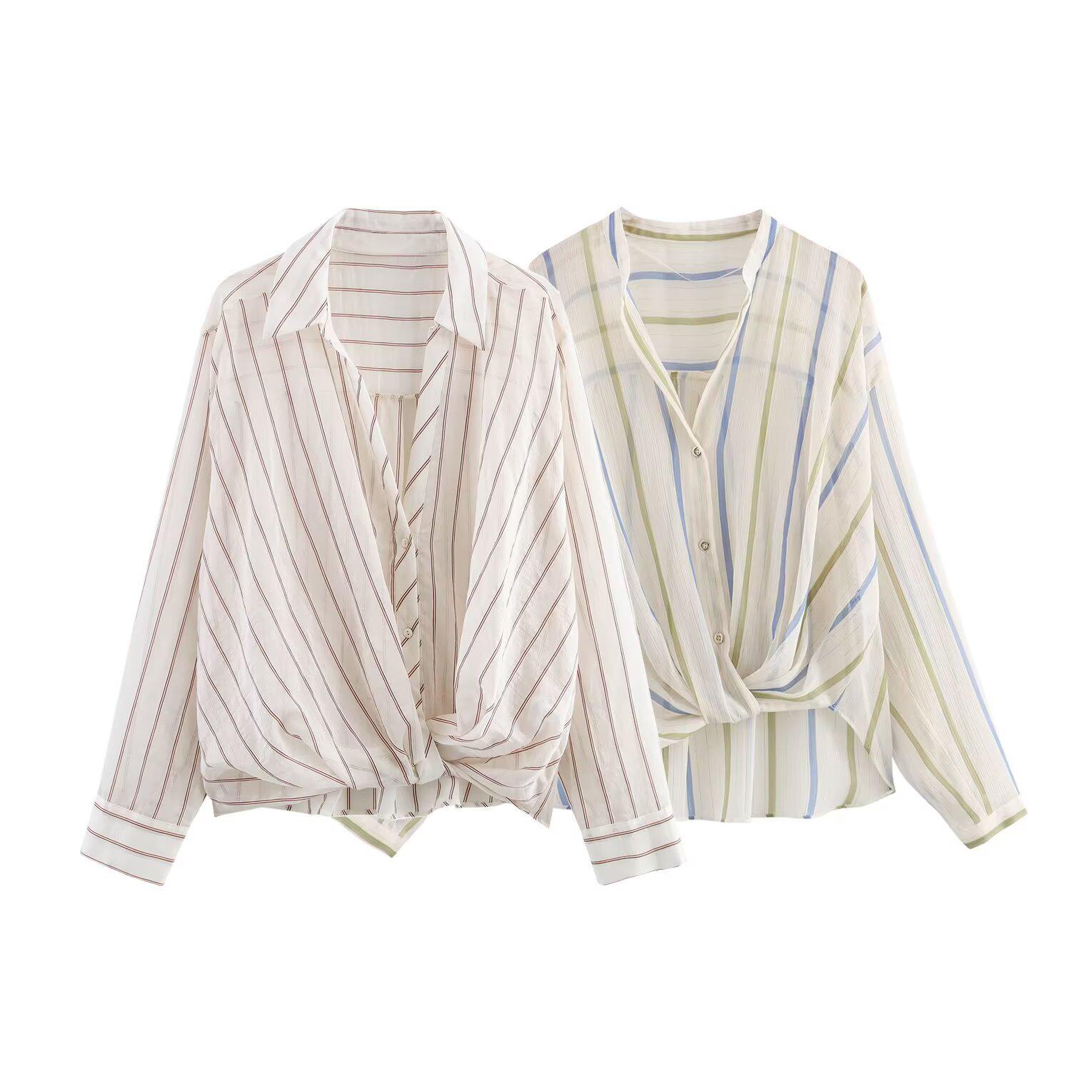 

2025 Spring/Summer Women s Casual V-Neck Striped Long-Sleeve Shirt S