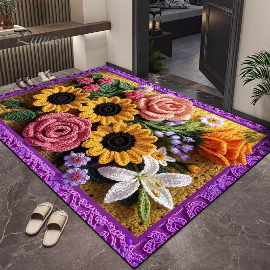 Absorbent Bath Mat Floor 3D Flower Pattern Bathroom Rug Highly Quick Door Friendly Dry Non-Slip Rubber Backing Kitchen Shower Laundry Room No Curl