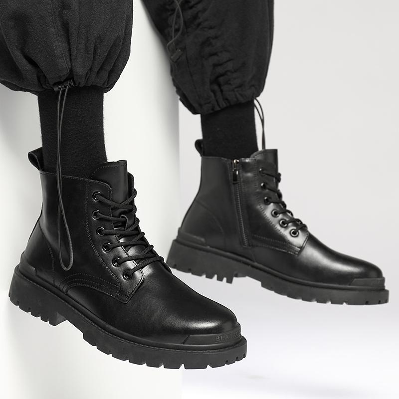 Fashion Ankle Boots Lace Up Block Round Toe Anti-slip Boots Thick Water Proof Men Boots Black Wear-resistant Short Men's Motorcycle Boot