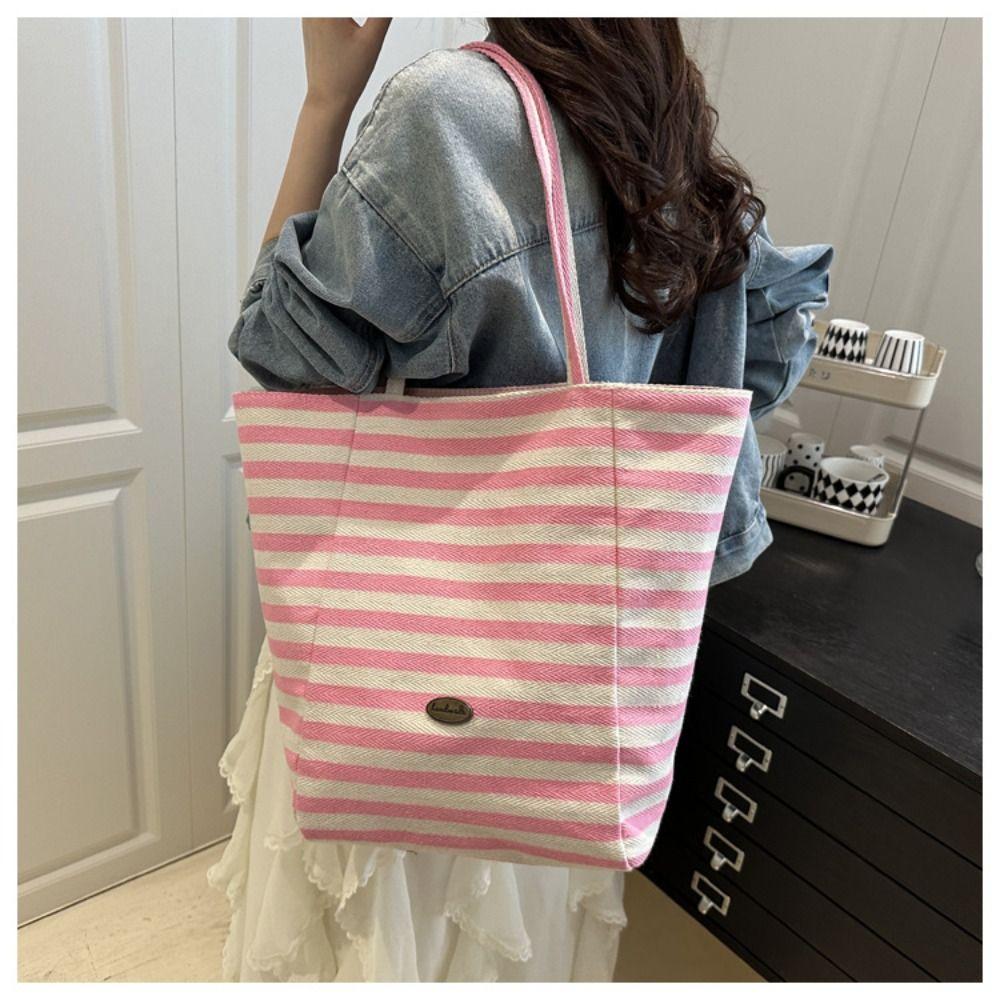 Letter Stripe Canvas Bag Striped Tote Bag Simple Cloth Shoulder Bag  Girls