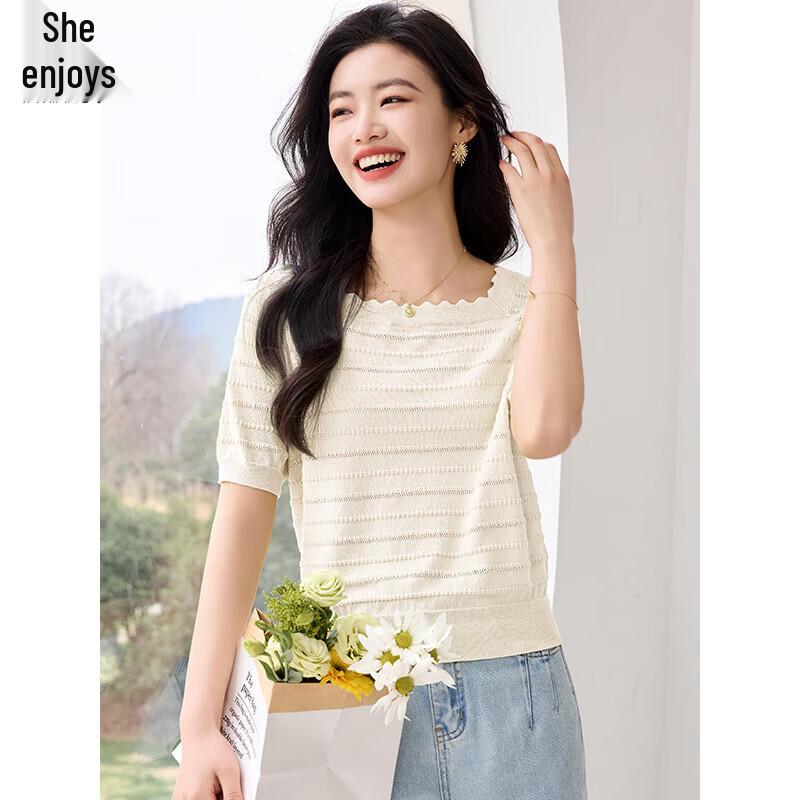 

Women s French Square Collar Hollow Knit Short Sleeve T-shirt XL