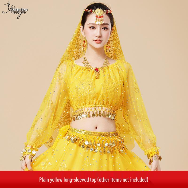 Fantasia de Apresentação de Dança do Ventre Indiana Huayu - Conjunto de Vestido de Manga Comprida de Chiffon para Mulheres