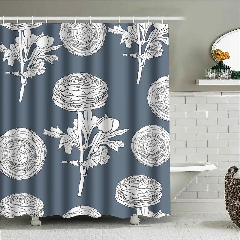 White Floral Shower Curtain Blue Grey Bath Decor Home Improvement Waterproof Customizable Bathroom Accessories White Rose Print