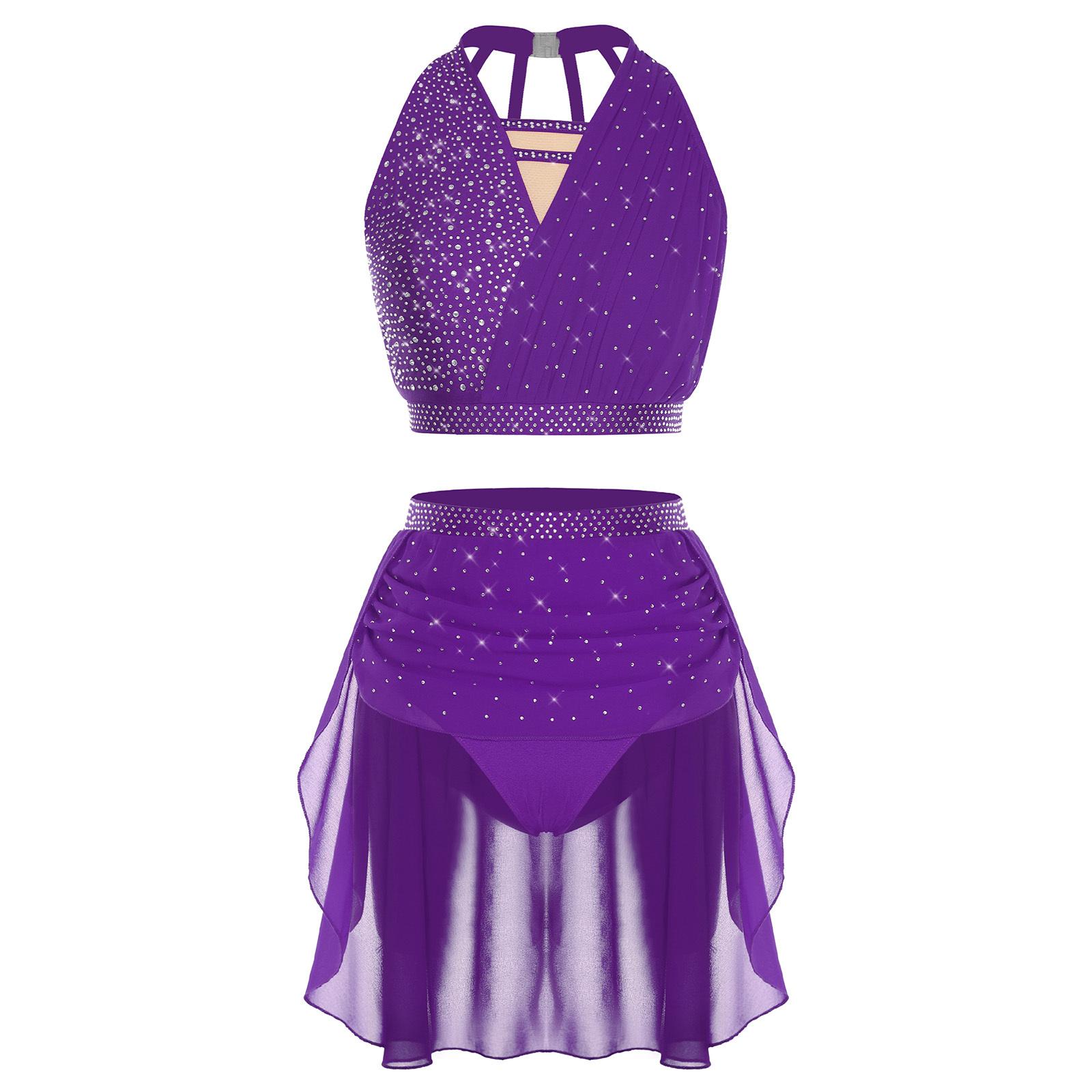 

Womens Lyrical Dance Costume Sleeveless Halter Ruched Crop Top with Irregular Hem Built-in Briefs Rhinestone Outfit S