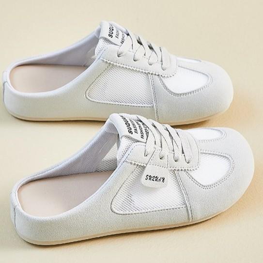 Summer hollow mesh bag head half slippers, heel-free lazy flat-bottomed casual lace-up cool slippers