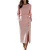 Women's Fashionable Long Sleeved Mature Color Round Neck Cinched Waist Slit Metal Button Zipper Dress