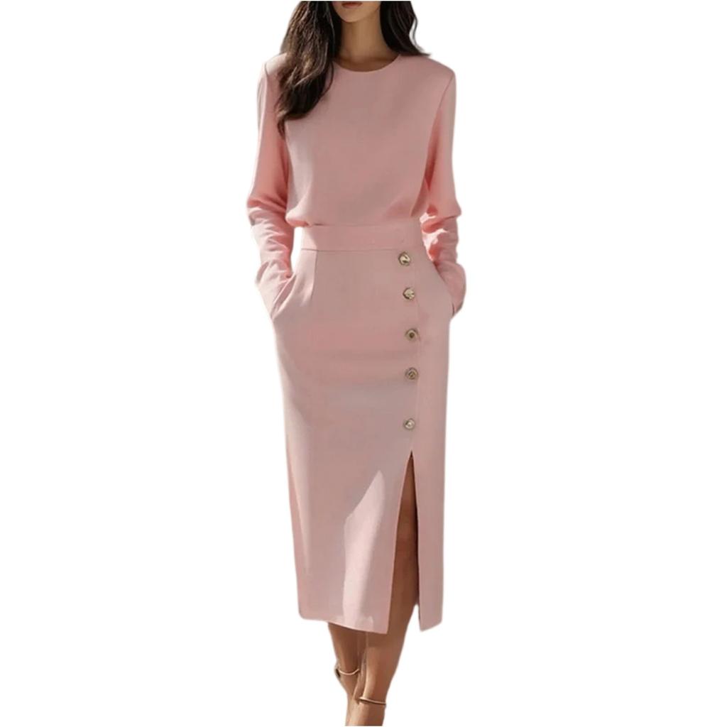 Women's Fashionable Long Sleeved Mature Color Round Neck Cinched Waist Slit Metal Button Zipper Dress