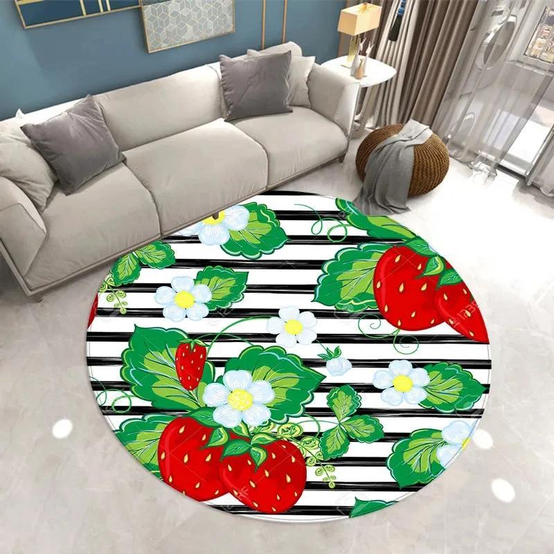 Fruit Strawberry Leaf Area Rug Round Carpet for Office Laundry Study Living Room Bedroom Circle Throw Rugs Non-Slip Floor Mat