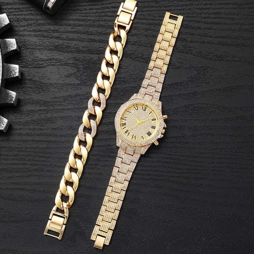 Full diamond Roman literal steel strap watch temperament business quartz watch hip hop style full diamond bracelet set men and w