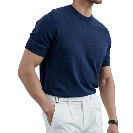 Summer Men T-Shirt Crew Neck Solid Color Short Sleeves Knitted Shirt Breathable Slim Fit Lightweight Basic Tee Casual Business Top