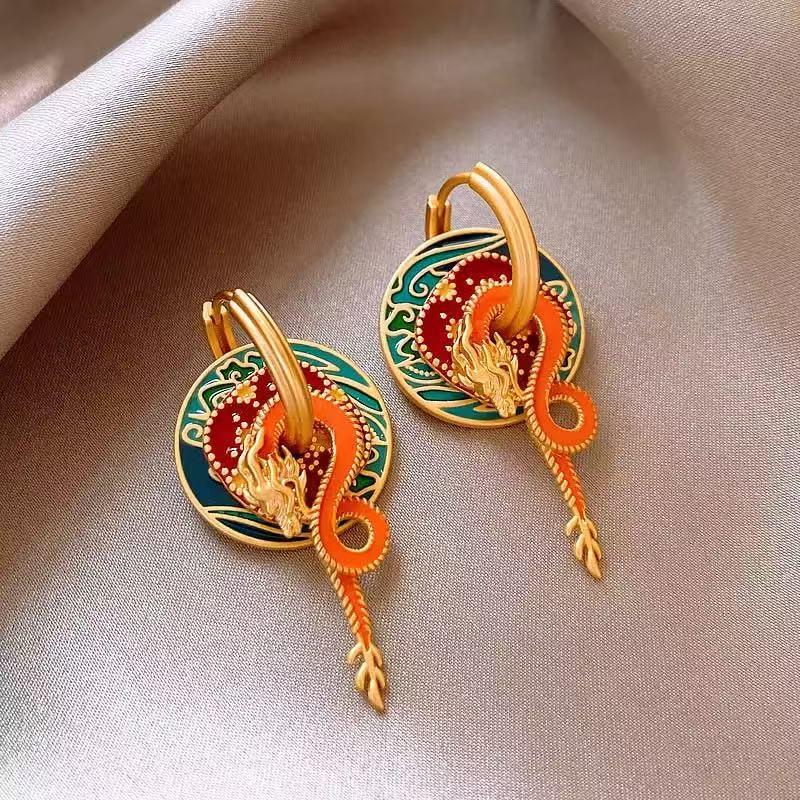 Chinese Dragon Pattern Enamel Dangle Earrings: Retro Palace Style, Multi-wearable Drip Glaze Earrings for Women