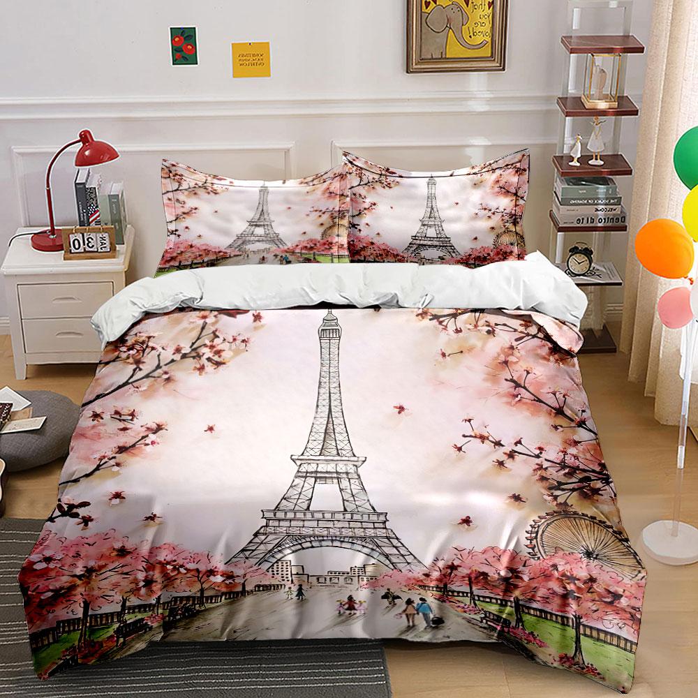 Eiffel Tower with Cherry Blossoms Bedding Duvet Cover Set Duvet Cover Pillowcases (1*Duvet Cover 2*Pillowcases, without duvet insert)