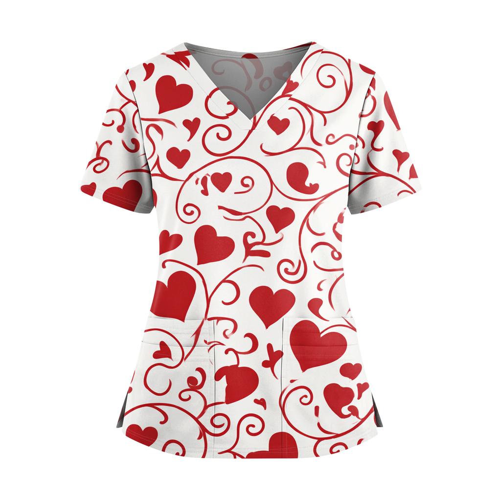 Women's Valentine's Day  Printed V-Neck Double Pocket Short Sleeves Hem Slit  Uniform Caregiver Top