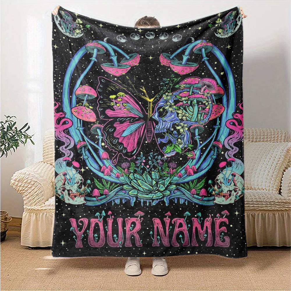 Name Custom Skull and Butterfly Print Flannel Blanket High Quality Warm Comfortable Cover for All Seasons Perfect for Gifts Home Decor
