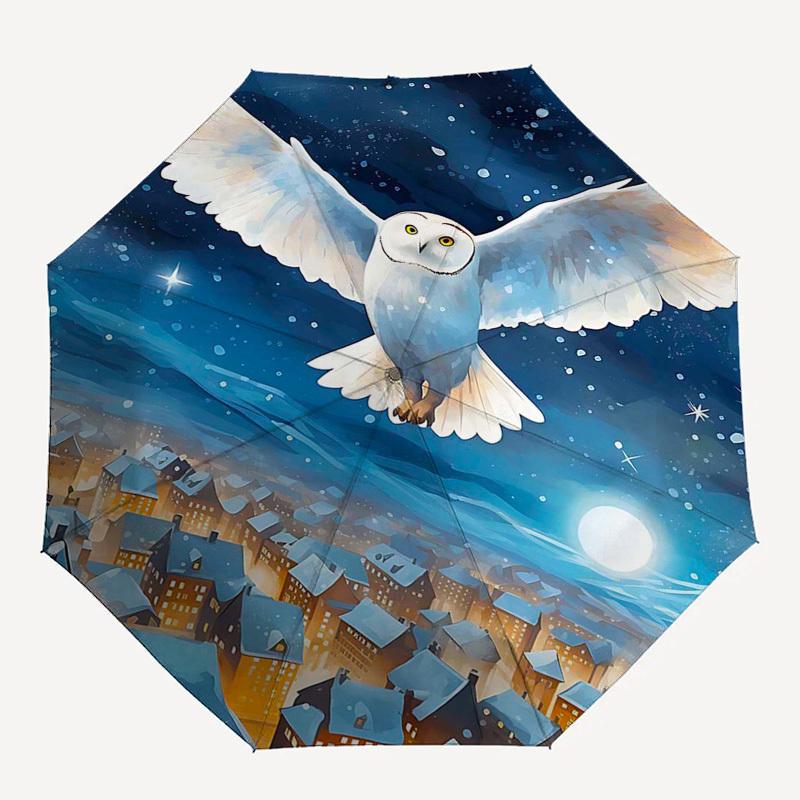 1pc Snowy Owl Automatic Opening/Closing Umbrella, Portable Tri-Fold Design with Iron Frame, Perfect for Outdoor Use, Festive Gifts, Travel, Daily Use,