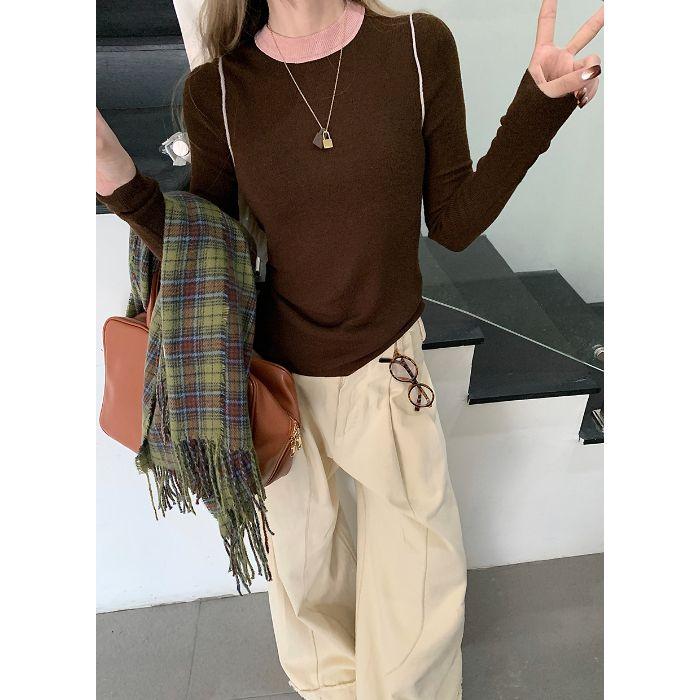 Retro Long-sleeved Sweater, T-shirt, Women's Knitted Sweater, Autumn Slimming and Form-fitting, Laid-back and High-end Base Layer Top