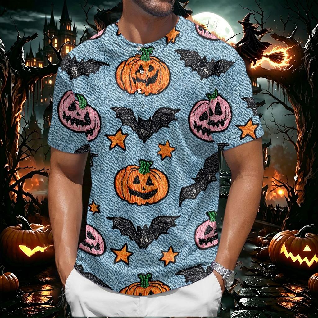 Men's Halloween Printed Crew Neck Short Sleeve Shirt Casual Loose Fit Top with and Pumpkin Pattern for Holiday