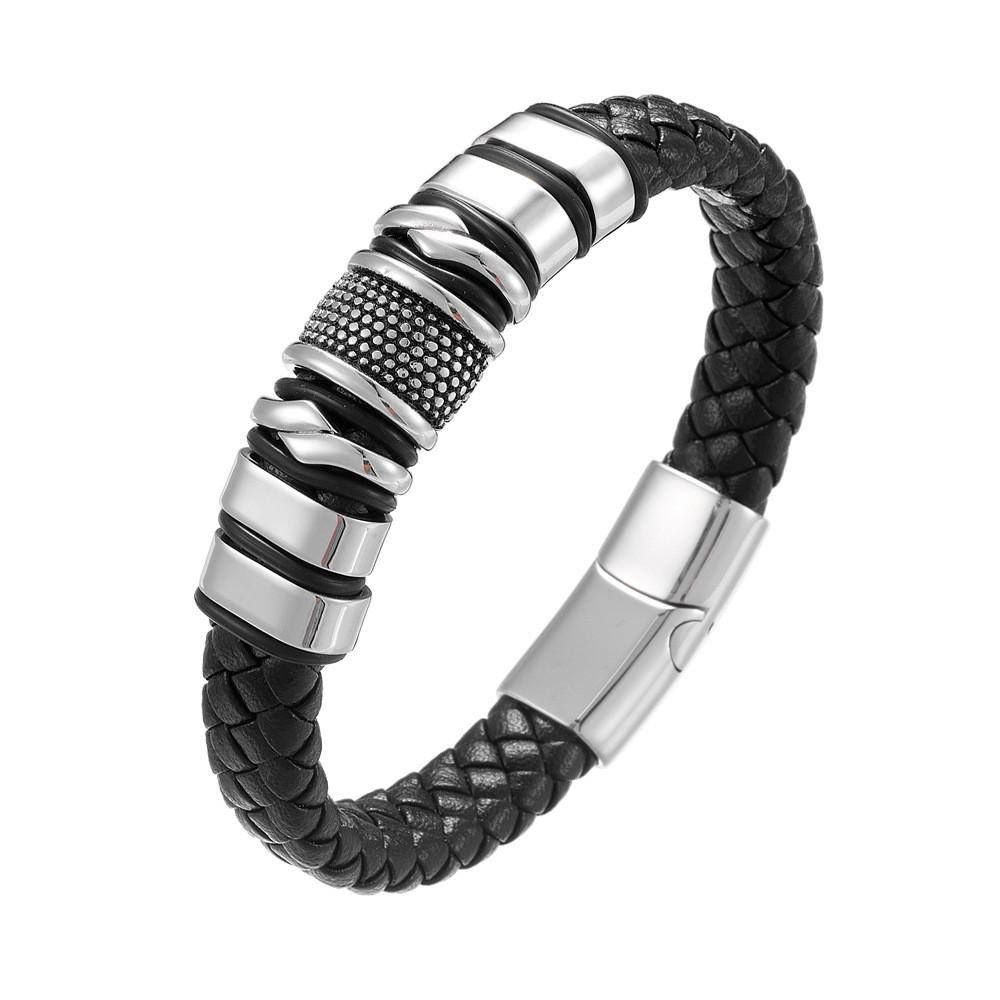 Hot Sale Woven Braided Leather Classic Stainless Steel Punk Rock Men's Leather Bracelet Design DIY Customization
