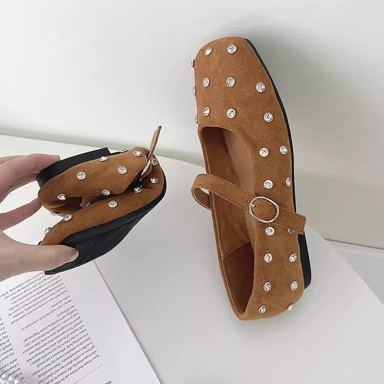 Rhinestone Flat with Skirt Mary Jane Single Shoe Woman 2025 Spring French Evening Commuter Grandma Shoe Trend