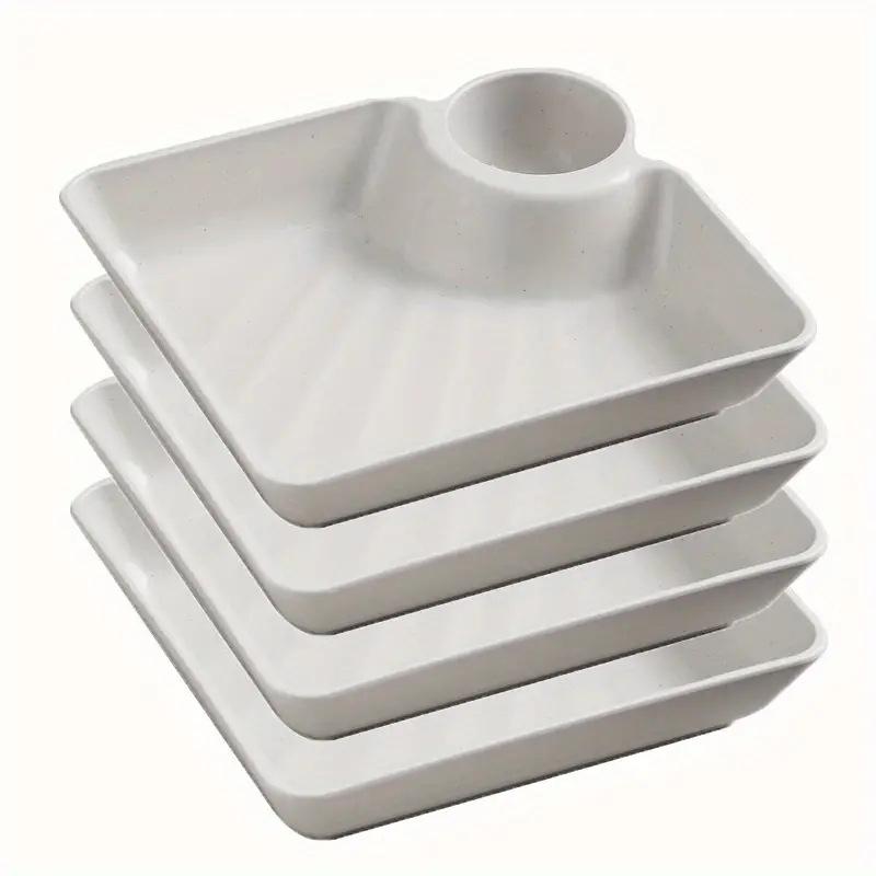 4Pcs Dumpling Plates With Sauce Dipping Compartment Square Plastic Serving Tray Tableware
