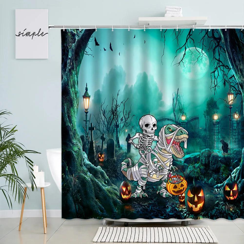 

Horror Halloween Shower Curtain Set Mystic Red Sky Branches Full Moon Night Landscape Bath Curtains holiday Cloth Bathroom Decor 90x180cm-35x70in