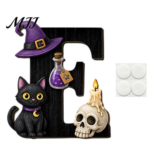 Holiday Home Accents Halloween HOME Letter Wall Hanging Ornament, Wooden Festive Decor with Ghost Skull Party Supplies Pumpkin Black Cat Bat Elements