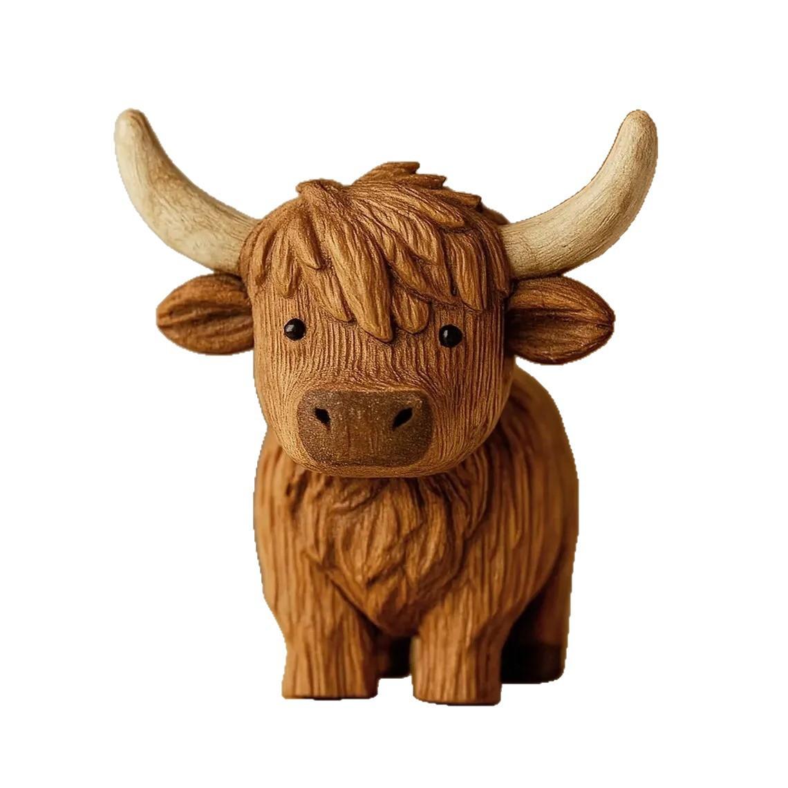 Wooden-Look Highland Cow Figurine, Eco-Friendly PLA 3D Print, 9cm Home Decor 9cm