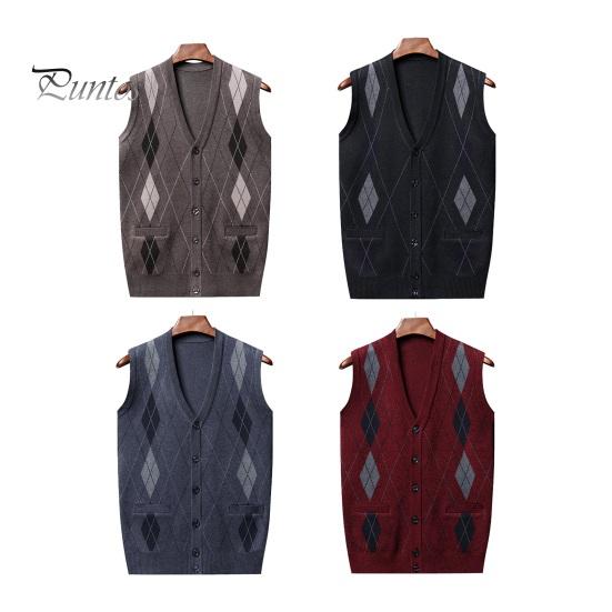 Men Autumn Winter Cardigan Sweater Single-breasted V Neck Sleeveless Buttons Color Matching Stretchy Pockets Knitted Vest Mid-aged Male Top