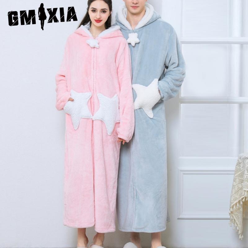 

GMXIA Large-sized Nightgowns for Women, Star-shaped Nightgowns, Coral Fleece Thickened Pajamas for Men, Long Autumn and Winter Home Wear with Hats L