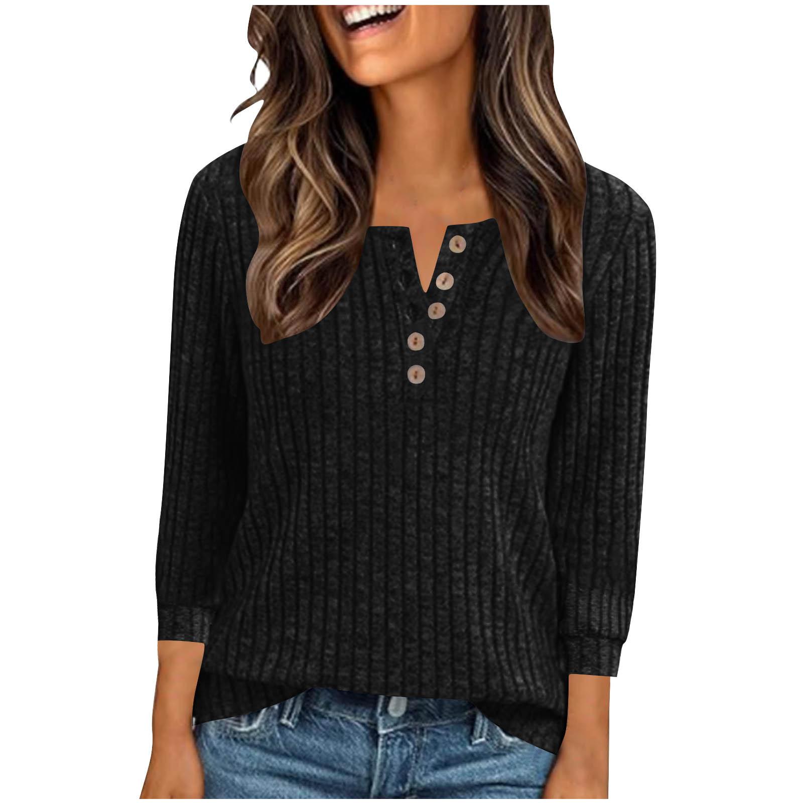 Women s Fashion Casual Button-Up V-Neck Knit Loose-Fit Three-Quarter Sleeve Top L