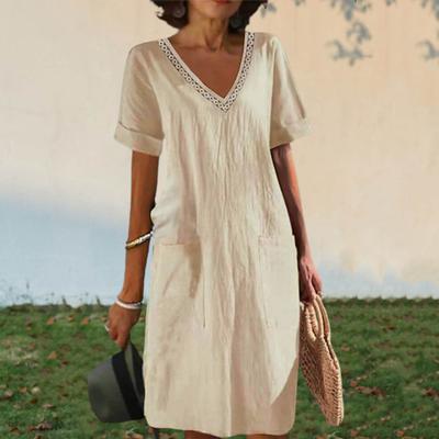 Summer Women Dress V Neck Short Sleeves High Waist Side Pockets Solid Color Knee