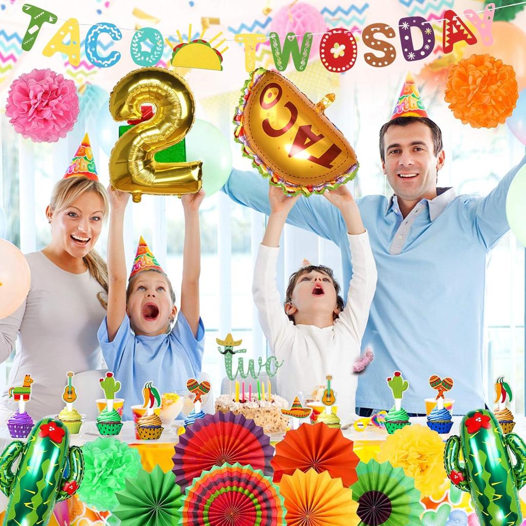 Taco Twosday Birthday Party Decorations - 2nd Fiesta Birthday Party with Fiesta Paper Fans, Taco Twosday Banner for 2nd Birthday Cinco De Mayo