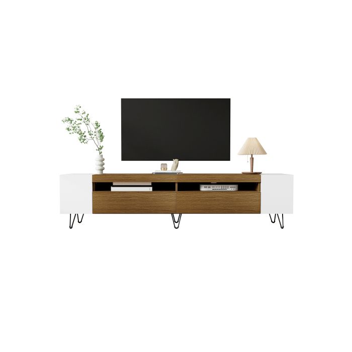 Armoire TV moderne, blanc et aspect bois - longueur 180 cm