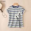 ZANZEA Women Casual Round Neck Loose Stripe Print Short Sleeve Blouse