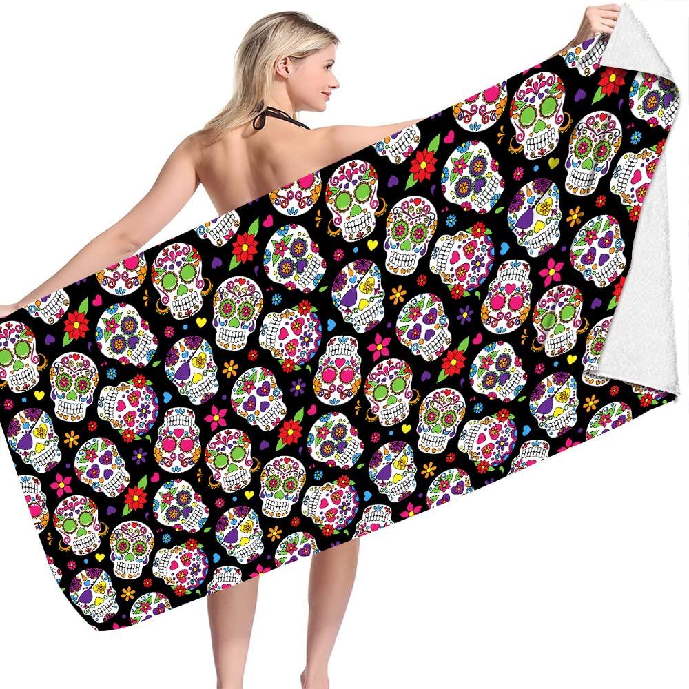 Schädel Strandtuch Mikrofaser Schnelltrocknend Strand Blumenmuster Reise Fitness Spa Damen Mädchen Blume Rose Schädel Große Strandtücher