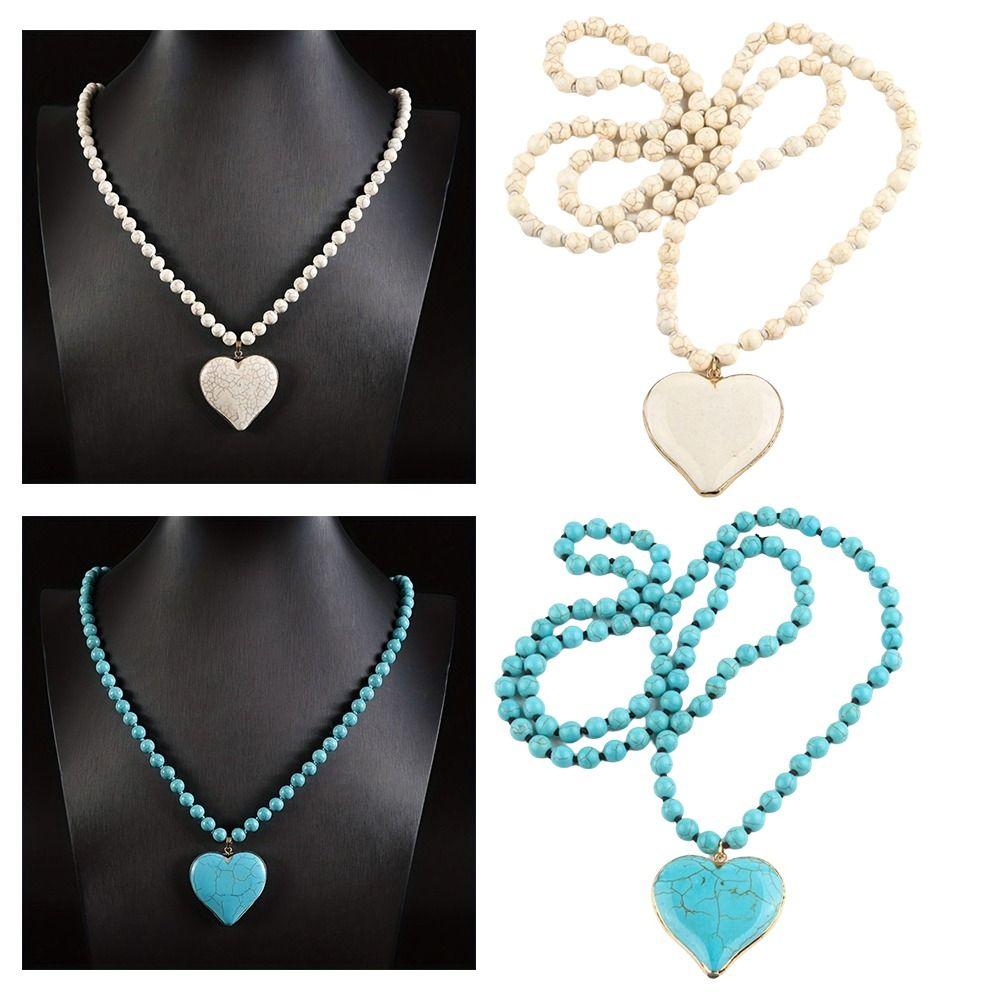 Heart Shape Pendant Turquoise Beaded Necklace 8 mm Beads Boho Necklace Women Gift