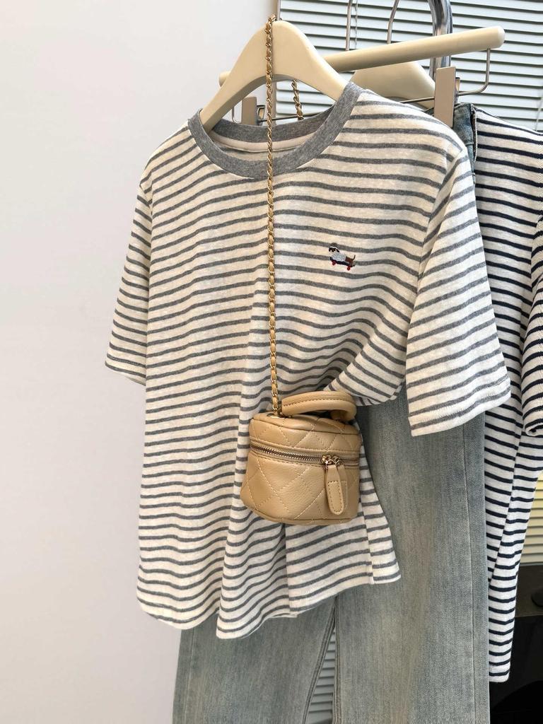 Korean Style Women's Niche Cartoon Embroidery Striped Half-Sleeve T-shirt