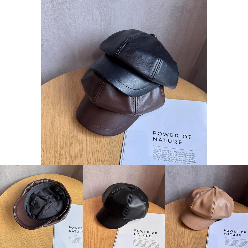 Pu Leather Octagonal Hat For Women With Sun Protection Chic Winter Fashion Accessory