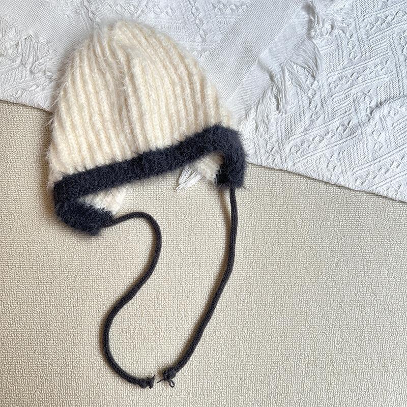 Children's Knitted Hat Simple Girl's Warm Pullover Hat Versatile Color Matching Woolen Hat  Strap Ear Protection Hat
