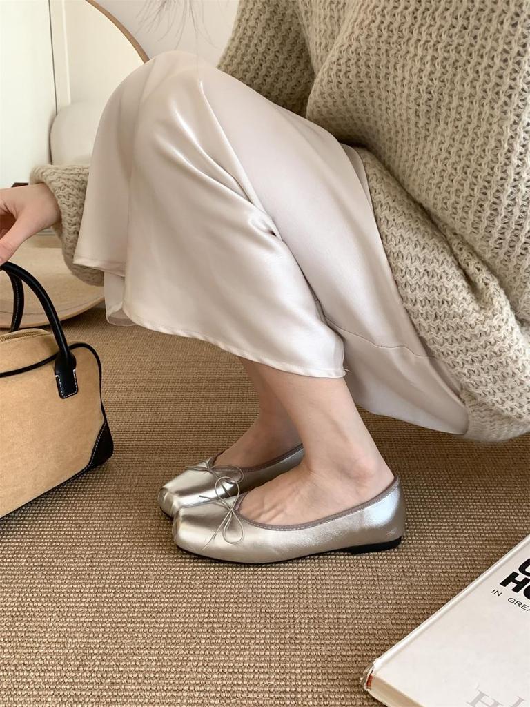 French flat bottom light mouth ballet silver single shoes women's autumn new models Jue Jue Zi foreign style bow lazy ladyshoes
