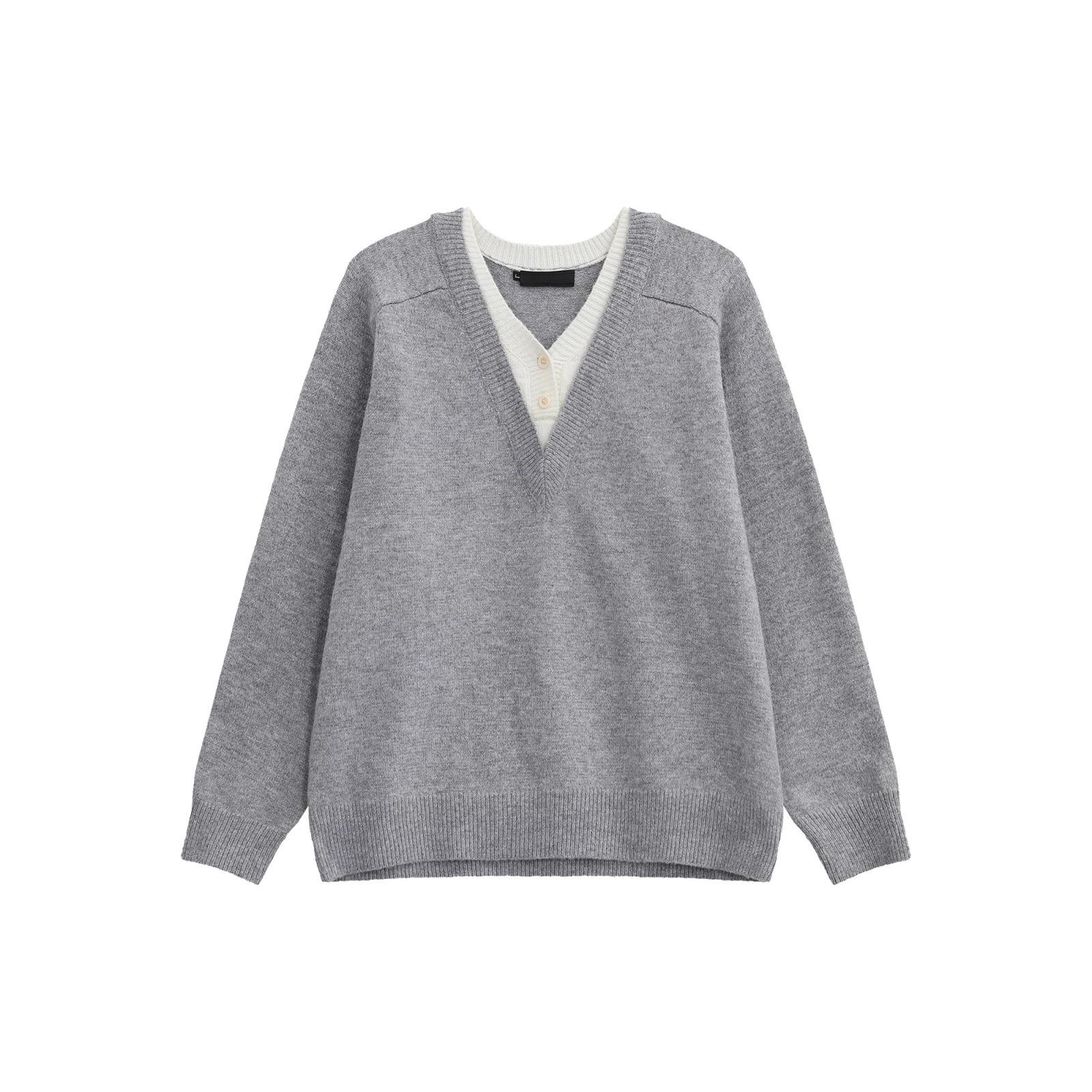 Men s Dark Grey V-Neck Sweater - Autumn/Winter High-End Faux Two-Piece Knitwear M