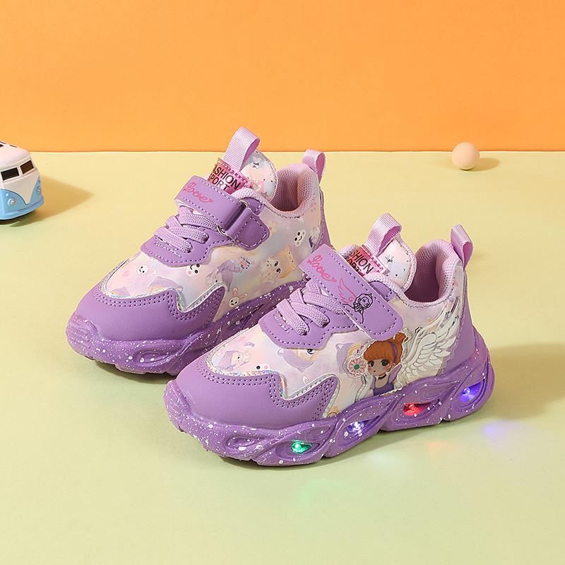 New Kids LED Sneakers Cute Cartoon Princess Girls Shoes Non-Slip Light Up Casual Sneakers For Toddler