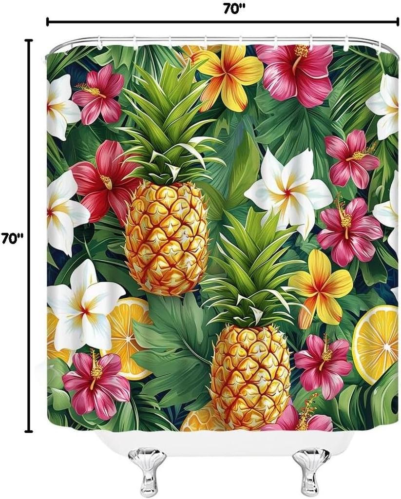 Tropical Pineapple Hibiscus Flower Shower Curtain 70X70 Inches Hawaiian Summer Theme Bathroom Decor