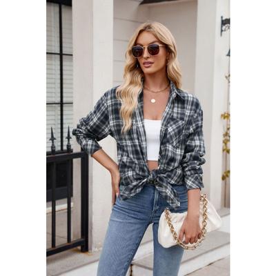Women's Fashion Casual Spring Fall Plaid Print Long Sleeve POLO Neck Blouses & Shirts