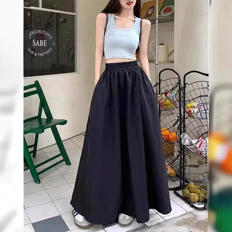 Falda Midi Retro Nicho Verde de Cintura Elástica para Mujer En Verano, Cintura Alta Adelgazante y Falda Paraguas Grande