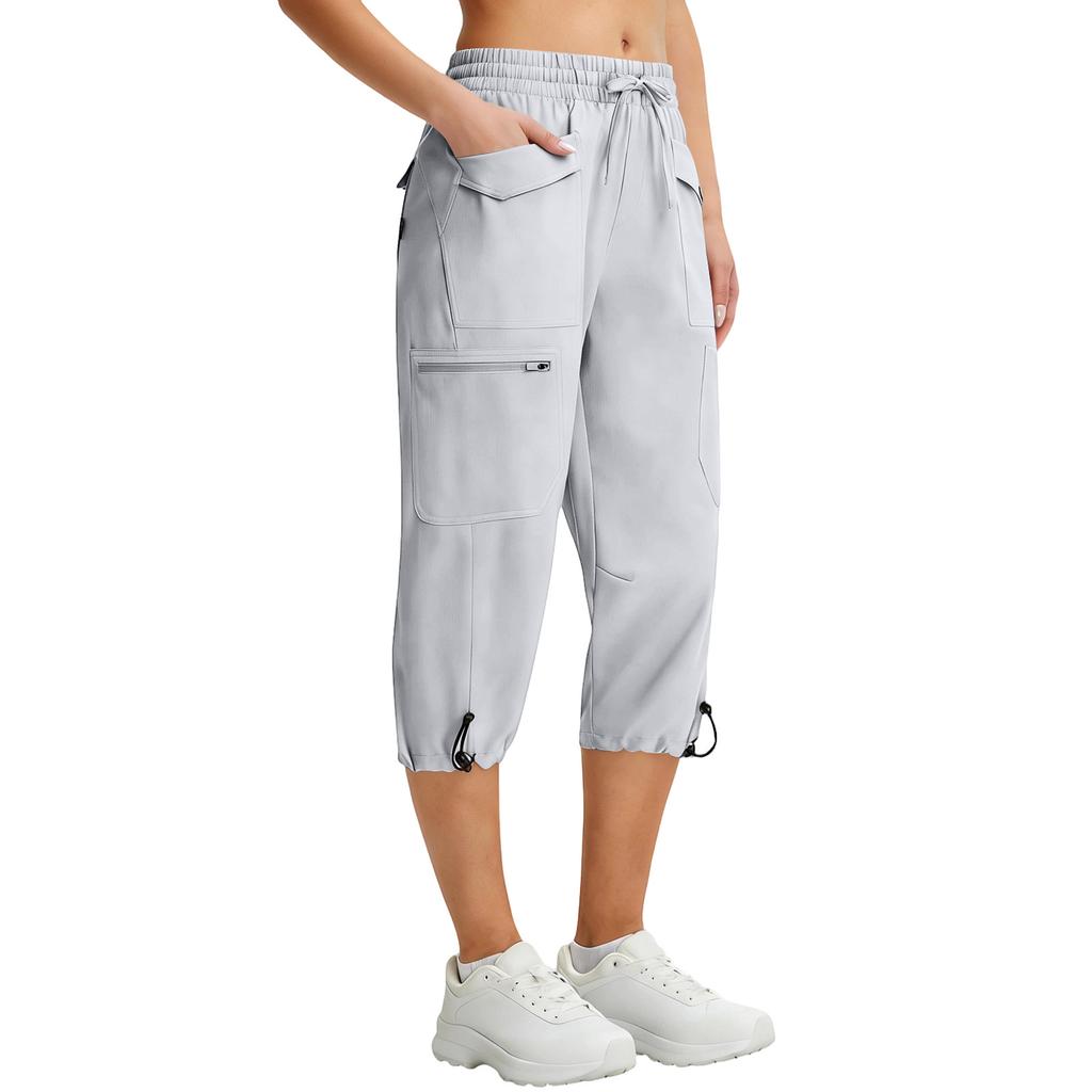 Damen Elastische Hohe Taille 3/4 Hose Lässige Passform Weite Capri-Hosen mit Taschen